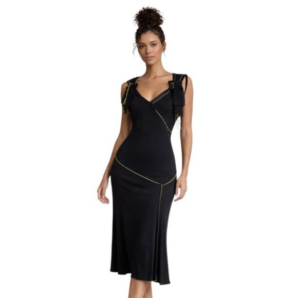 Max Studio Dresses & Skirts - NWT Maxi Studio Black With Green Piping & Shoulder Bow Asymmetrical Midi Dress